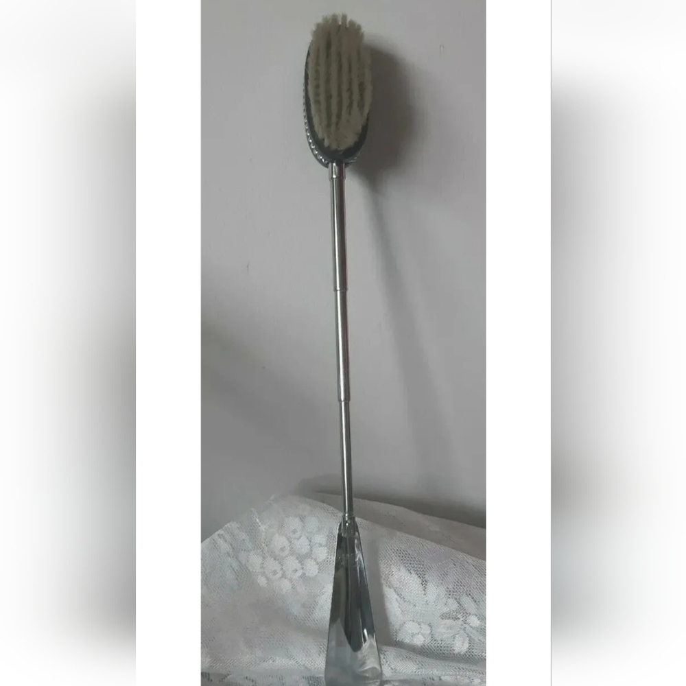 Vintage SWANK TELESCOPIC SHOE HORN polish BRUSH black wood chain link border